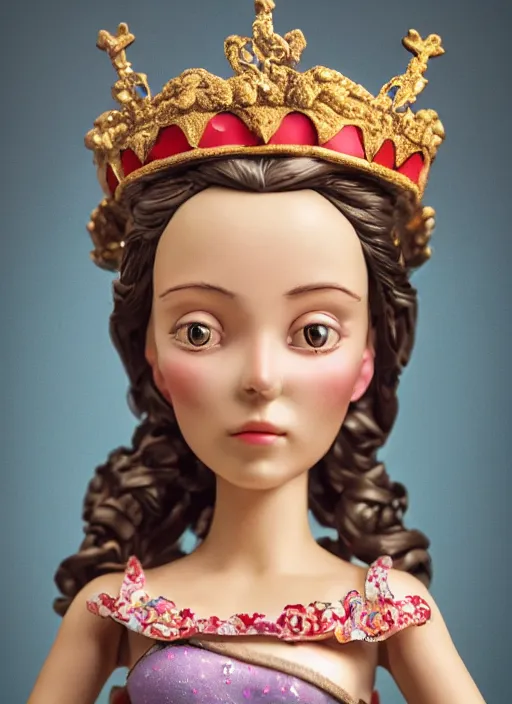 Prompt: closeup face profile portrait of tin toy catherine of alexandria as a fairytale princess wearing a crown eating cakes, bikini, depth of field, zeiss lens, detailed, symmetrical, centered, fashion photoshoot, by nicoletta ceccoli, mark ryden, lostfish, breathtaking, 8 k resolution, extremely detailed, beautiful, establishing shot, artistic, hyperrealistic, octane render