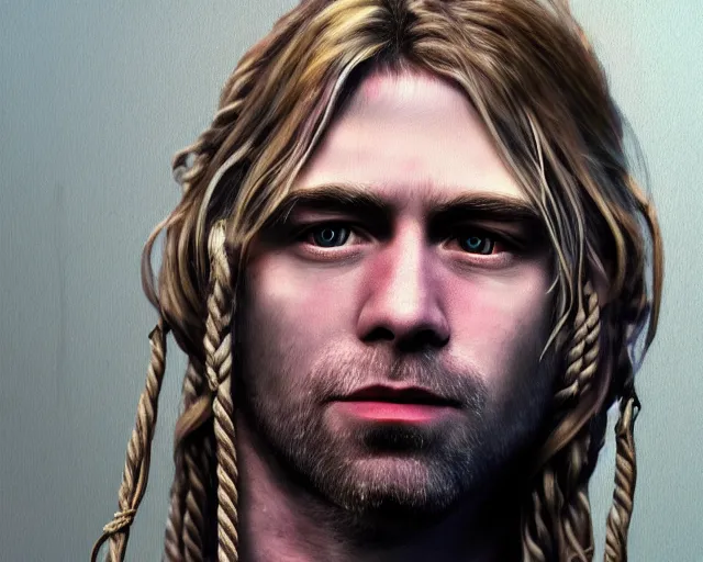 Image similar to realistic kurt cobain with dread locks and a rope around its neck, detailed, facial accuracy, volumetric lightning, 4K, trending on artstation