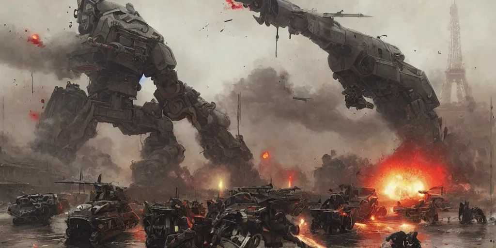 Image similar to giant alien robots terrorise streets of ww ii paris and attack french soldiers and civilians, detailed painting, intense heavy street battle, bullet hell, pile of bodies, artillery bombings, blood on the streets, art by greg rutkowski and jakub rozalski