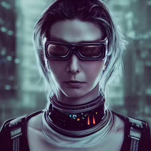 Image similar to detailed realistic female character cyberpunk wearing thick steel collar around neck, realistic, art, beautiful, 4K, collar, choker, collar around neck, punk, artstation, detailed, female, woman, choker, cyberpunk, neon, punk, collar, choker, collar around neck, thick collar, choker around neck, wearing choker, wearing collar, face, beautiful face, alternative,