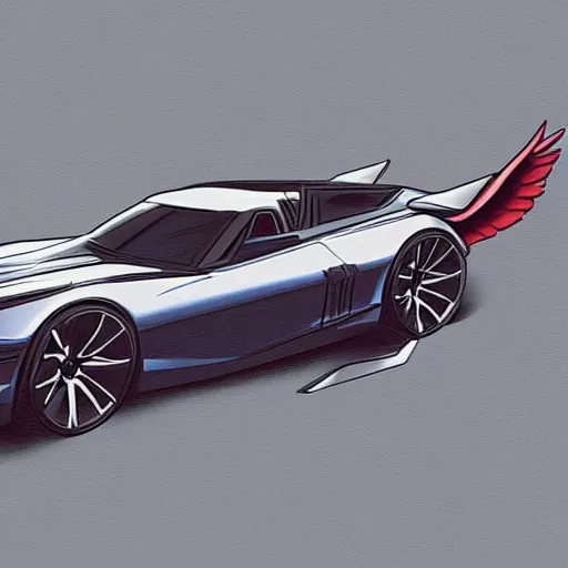 Prompt: a color concept drawing of a flying cadillac car model with wings and a back thruster
