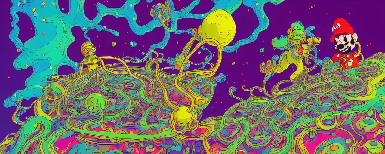 Image similar to ultra detailed surreal moebius illustration of super mario having psychedelic acid trip on lsd glichy hypnotic fractals spirals with molecule structures fluid flowing shapes by sachin teng and sergey kolesov and ruan jia and heng z. graffiti art, scifi, fantasy, hyper detailed. octane render. concept art. trending on artstation