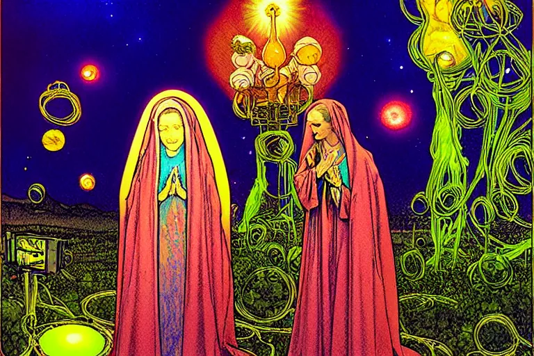 Prompt: a hyperrealist watercolour character concept art portrait of the blessed mother mary at night in las vegas, nevada. there is a ufo. neon roses. psychedelic elements. by rebecca guay, michael kaluta, charles vess and jean moebius giraud