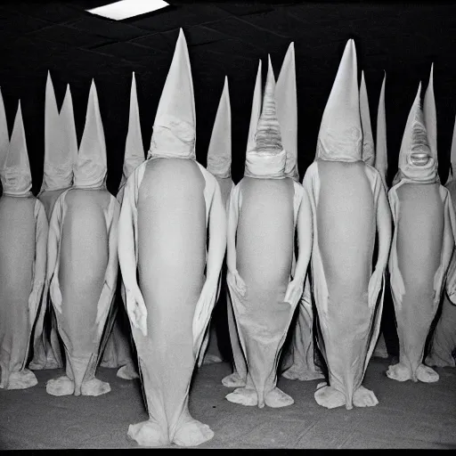 Prompt: conehead furry cult, 35mm grainy film photography