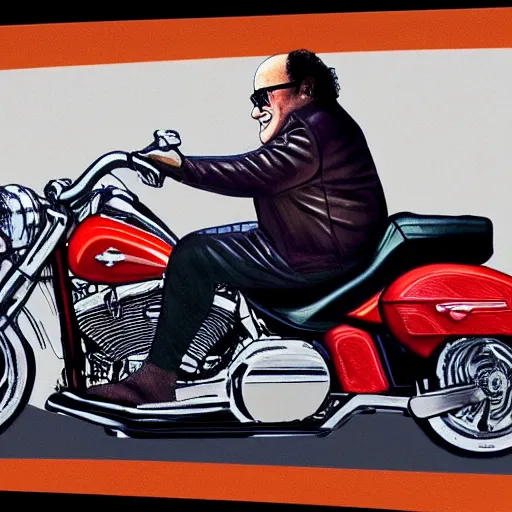 Image similar to danny devito riding a large harley davidson, hyperrealism, lens glare, trending on artstation, intricate, 8 k