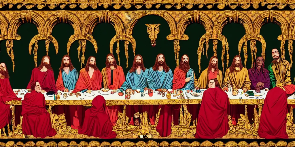 Image similar to the last supper wearing gucci versace gold rich intricate textiles cloak tunic streetwear cyberpunk modern design