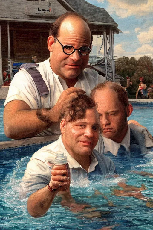 Prompt: george costanza being saved by a lifeguard oil on canvas, intricate, portrait, 8 k highly professionally detailed, hdr, cgsociety