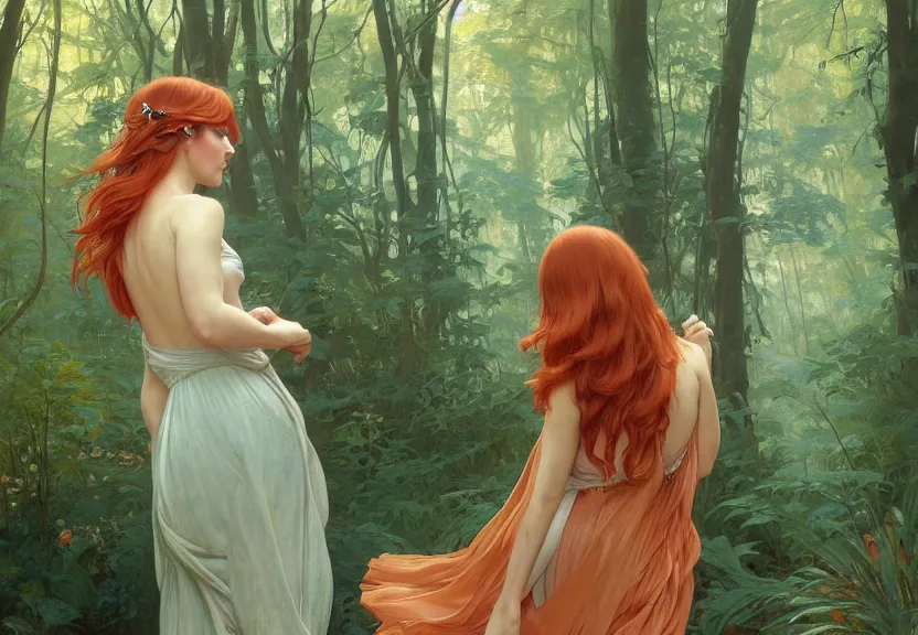 Prompt: a woman seen from behind from far away with copper hair and a flowing sundress dreaming in a forest, fine details by realistic shaded lighting poster by ilya kuvshinov katsuhiro otomo, magali villeneuve, artgerm, jeremy lipkin and michael garmash and rob rey, art nouveau, alphonse mucha, william - adolphe bouguereau, golden hour