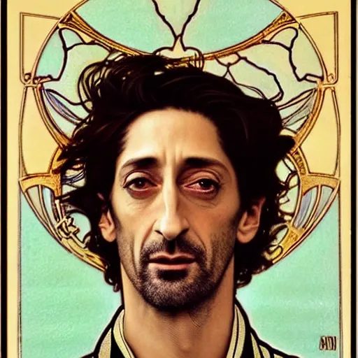 Image similar to adrien brody portrait by louis - theophile hingre and alphonse mucha, realistic, sharp focus, zodiac signs, tarot cards, planets, ethereal, art nouveau, magic, moon, sun, crown, dreamy, royal, jewellery