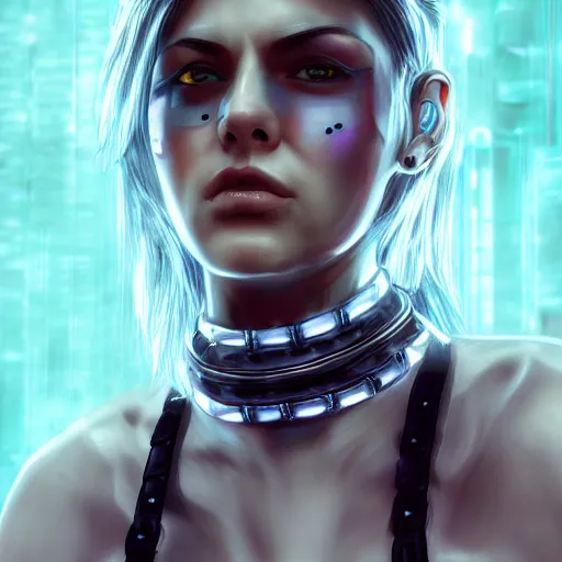 Image similar to detailed realistic female character cyberpunk wearing steel collar around neck, realistic, art, beautiful, 4K, collar, choker, collar around neck, punk, artstation, detailed, female, woman, choker, cyberpunk, punk, collar, choker, collar around neck,