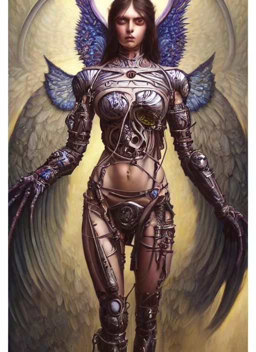 Image similar to hyper detailed masterpiece evil angel girl warrior by donato giancola and tom bagshaw, face by artgerm and edmund leighton, and h. r. giger, trending on artstation, colorful, psychedelic aesthetic, ornate, background by james jean, 8 k, biomechanical, majestic, volumetric lighting, porcelain skin, concept art, sharp focus