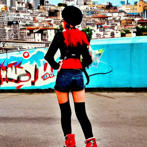 Prompt: Jet Set Radio, Teenage girl, French girl, black beret, black beret with a red star, black shirt with red star, black leather shorts, rollerblading, rollerskates, city on a hillside, colorful buildings, futuristic city