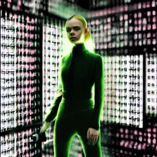 Prompt: Elle Fanning hacking a computer, matrix style, dramatic green lighting, oil painting