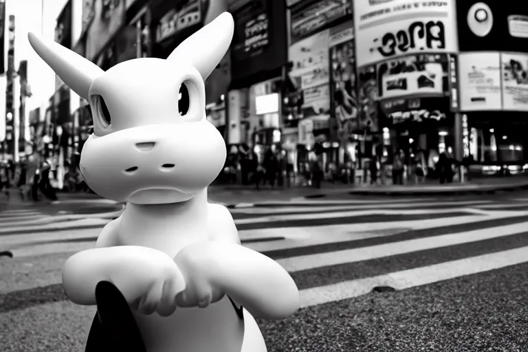 Prompt: closeup potrait of Mewtwo at a crosswalk in Tokyo, natural light, sharp, detailed face, magazine, press, photo, Steve McCurry, David Lazar, Canon, Nikon, focus