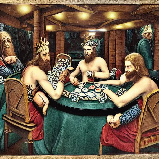 Image similar to Nordic Gods playing poker, detailed