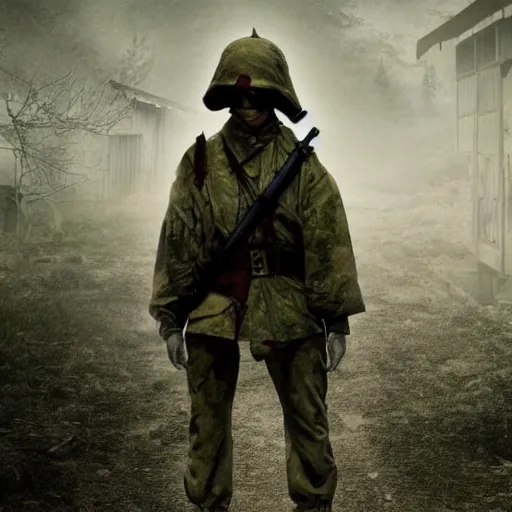 Image similar to horror movie about japanese world wae soldier ghost in abandoned town, realistic