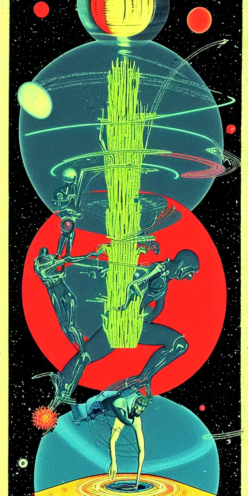 Image similar to 1968 science fiction tarot card, cut out collage, neon Roman, xerox punk, spring on Saturn, epic theater, deep sea, mountain plants, drawings in part by moebius, part by Ernst Haekl, text by William S Boroughs, composition by neo Rauch