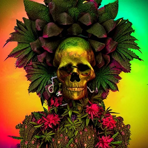 Prompt: a golden skull face african marijuanna shaman with an afro made of flowers, third eye art art by machina infinitum, complexity from simplicity, rendered in octane, mandelbulb 3 d, ambient occlusion, macro photography, felt!!! texture, tribal, neon retrowave