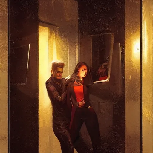 Prompt: a handsome guy and a girl take a selfie in front of a mirror in the bathroom. behind them in the doorway stands a vampire with long fangs. art by greg rutkowski