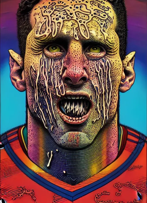 Image similar to messi's disgusting true form bursting from within, gross, slimy, sleazy, pustules, high details, intricate details, by dan mumford