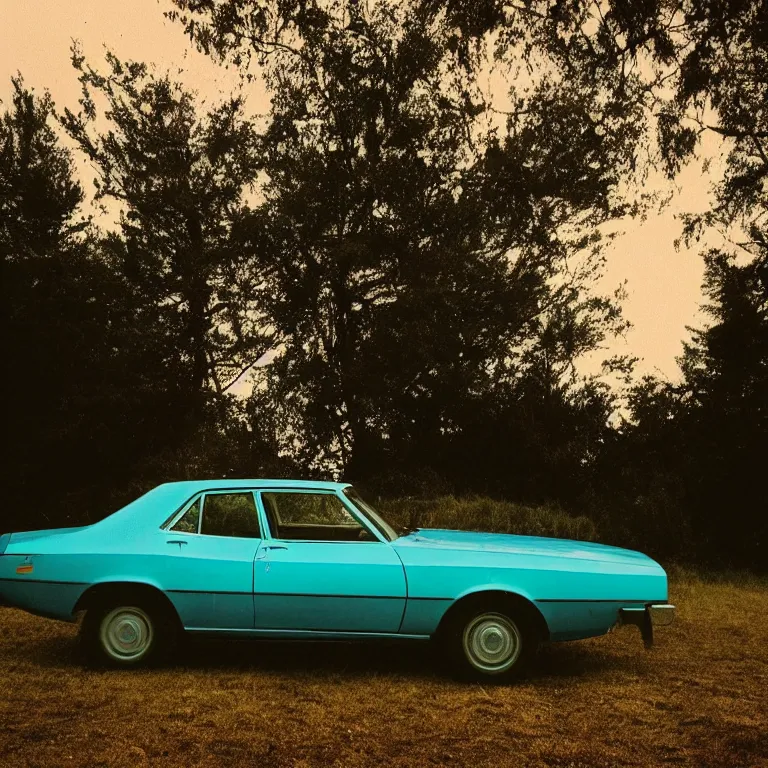 Image similar to 1 9 7 0 s car parked by the pine tree, silhouettes in field behind, film photo, soft lighting album cover, nostalgia, turquoise gradient