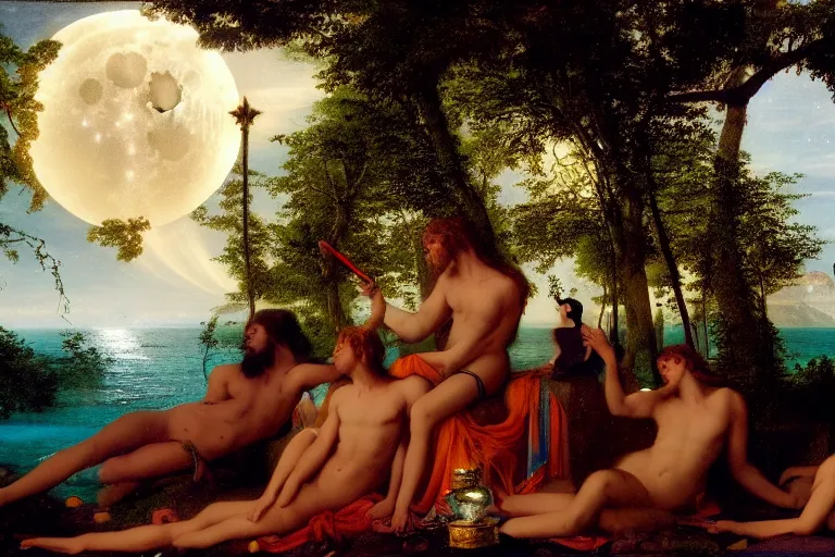 Image similar to The chalice of the occult, refracted moon sparkles, thunderstorm, greek pool, beach and Tropical vegetation on the background major arcana sky and occult symbols, by paul delaroche, hyperrealistic 4k uhd, award-winning, very detailed paradise