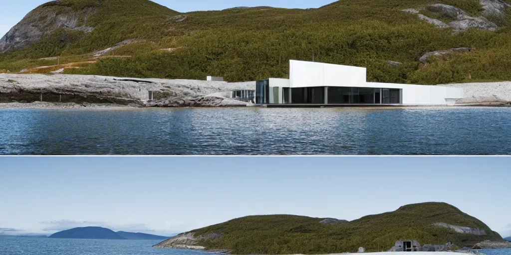 Image similar to modern norwegian fjord beach house designed by norman foster, contemporary architecture, photography