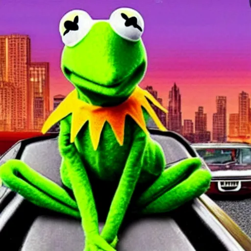 Prompt: Kermit The Frog on a GTA cover art