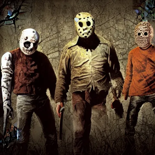 Image similar to photorealistic JasonVoorhees, Freddy Krueger, Leatherface and Ghostface posing for a family picture together