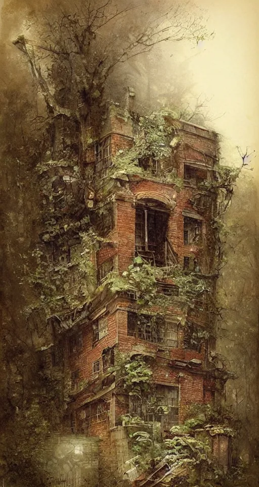 Image similar to (((((a ramshackle manhattan brick brownstone deep in the forest, completely overgrown))))) by Jean-Baptiste Monge!!!!!!!!!!!!!!!!!!!!!!!!!!!