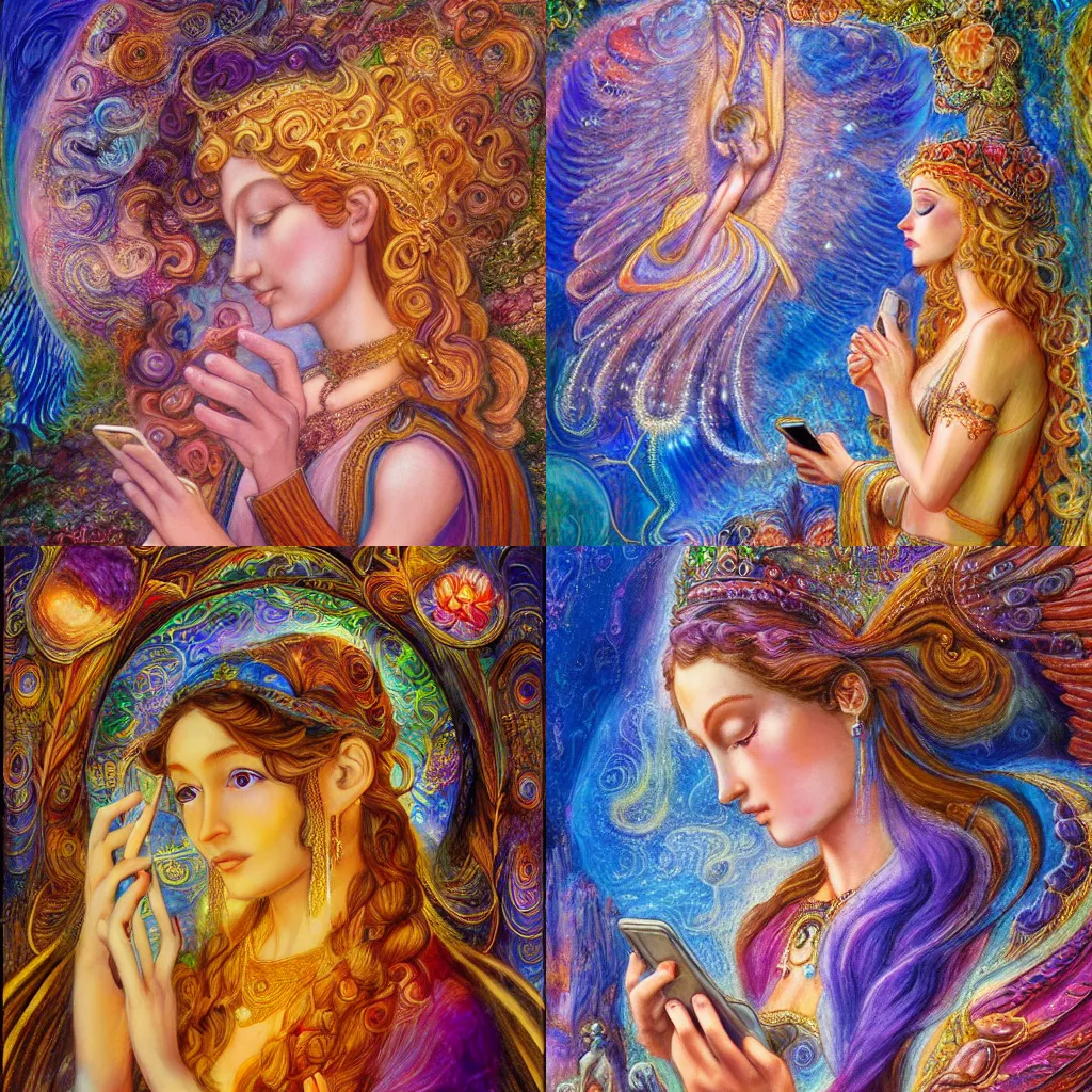 Prompt: goddess checking her phone, by josephine wall, magic realism, octane, ue 5, amanda sage