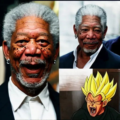 Image similar to morgan freeman screams as he powers up to super saiyan