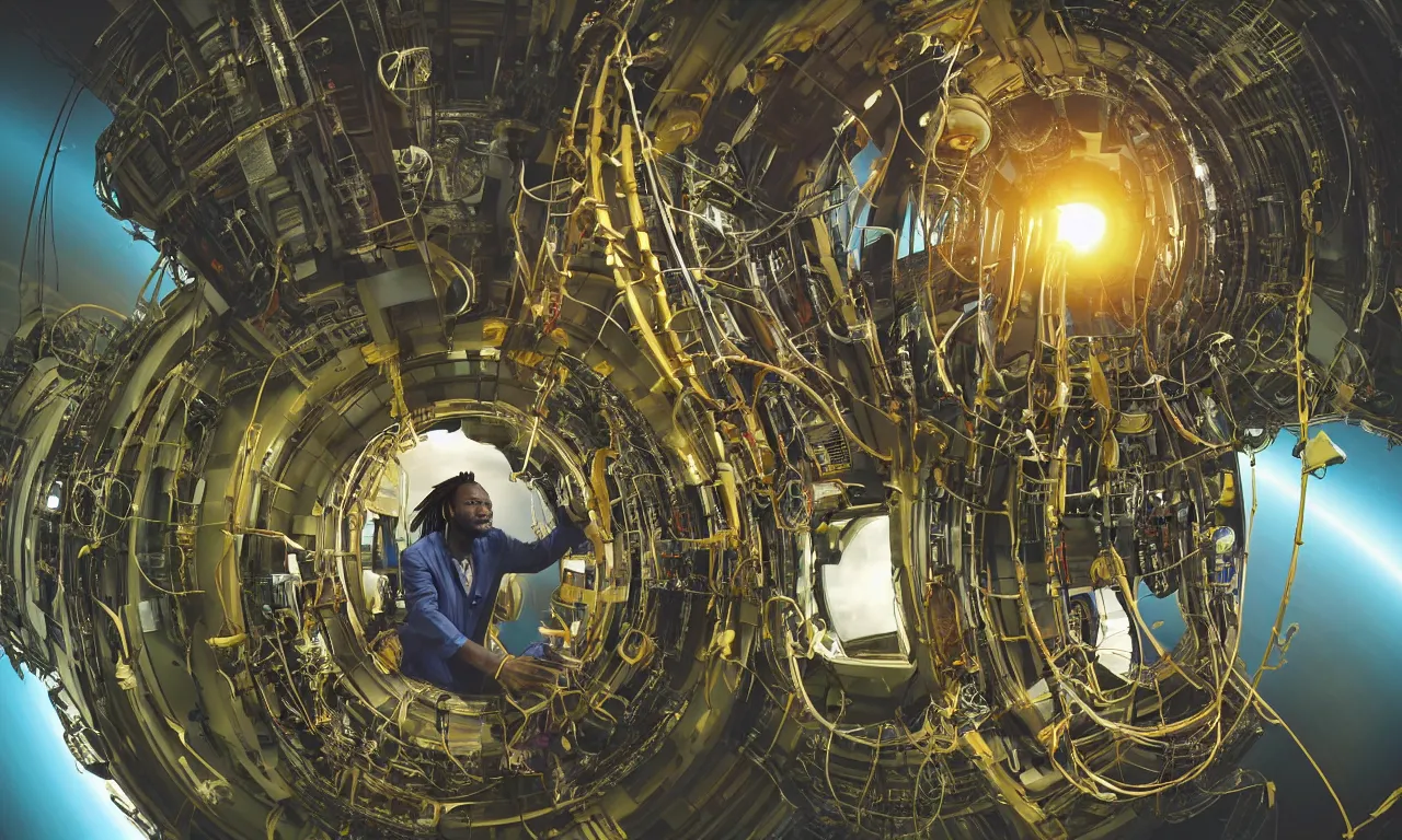 Prompt: very very beautiful portrait of a jamaican man with dreadlocks, repairing a fusion reactor in a loungeroom, floating in zero gravity, solarpunk, detailed realistic smiling faces, surrounded by advanced elegant factory machinery, tree ferns, biomechanical, symmetrical, sunrise, golden ratio, elegant, elite, lush, atmospheric, volumetric lighting, haunting, wide angle, cinematic, trending on artstation, unreal engine, 8k, vivid and vibrant