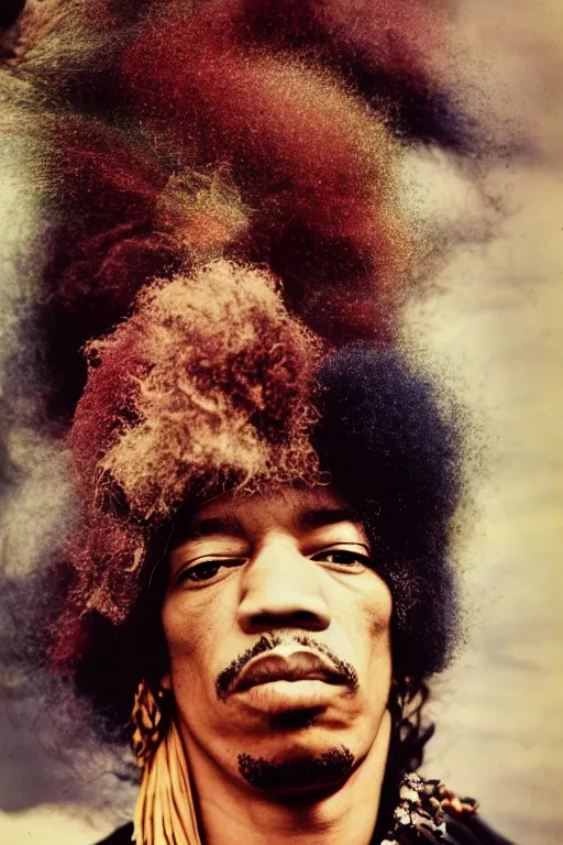 Image similar to photo of jimi hendrix styled by nick knight posing, showstudio, face close up, vogue magazine, 1 9 7 0, canon, highly realistic. high resolution. highly detailed. dramatic. 8 k. 4 k