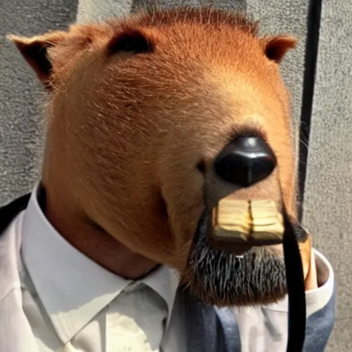 Image similar to smoking cigar, a man wearing a suit capybara head (smoking cigar)