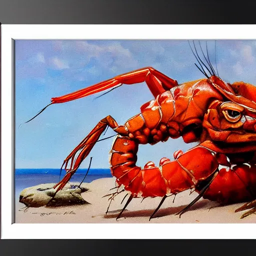 Image similar to ultra realistic portrait painting of a red prawn on a white beach, art by frank frazetta, 4 k, ultra realistic, highly detailed, epic lighting