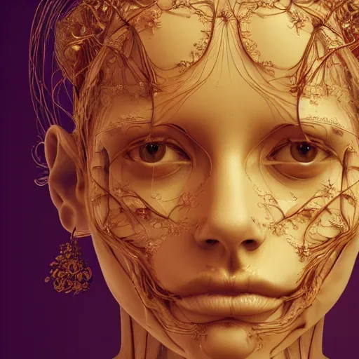 Image similar to beatifull frontal face portrait of a woman, 150 mm, anatomical, flesh, flowers, mandelbrot fractal, veins, arteries, symmetric, intricate, golden ratio, full frame, microscopic, elegant, highly detailed, ornate, ornament, sculpture, elegant , luxury, beautifully lit, ray trace, octane render in the style of peter Gric , alex grey and Romero Ressendi