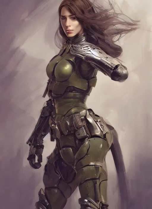 Image similar to a professional painting of a beautiful young female, clothed in military armor, olive skin, long dark hair, beautiful bone structure, symmetrical facial features, intricate, elegant, digital painting, concept art, smooth, sharp focus, illustration, from Metal Gear, by Ruan Jia and Mandy Jurgens and Artgerm and William-Adolphe Bouguerea