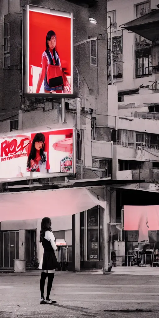 Prompt: movie still of a school girl at an outdoor food stand, she is looking at a white billboard, hyper realism, rack focus, close establishing shot, empty street, monochromatic, red neon, soft dramatic lighting, 4 k digital camera