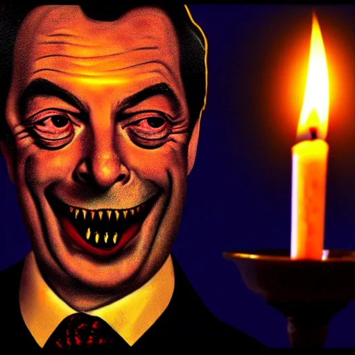 Image similar to nigel farage as count dracula, dramatic movie poster, candle light, digital art, detailed, dark intense colors