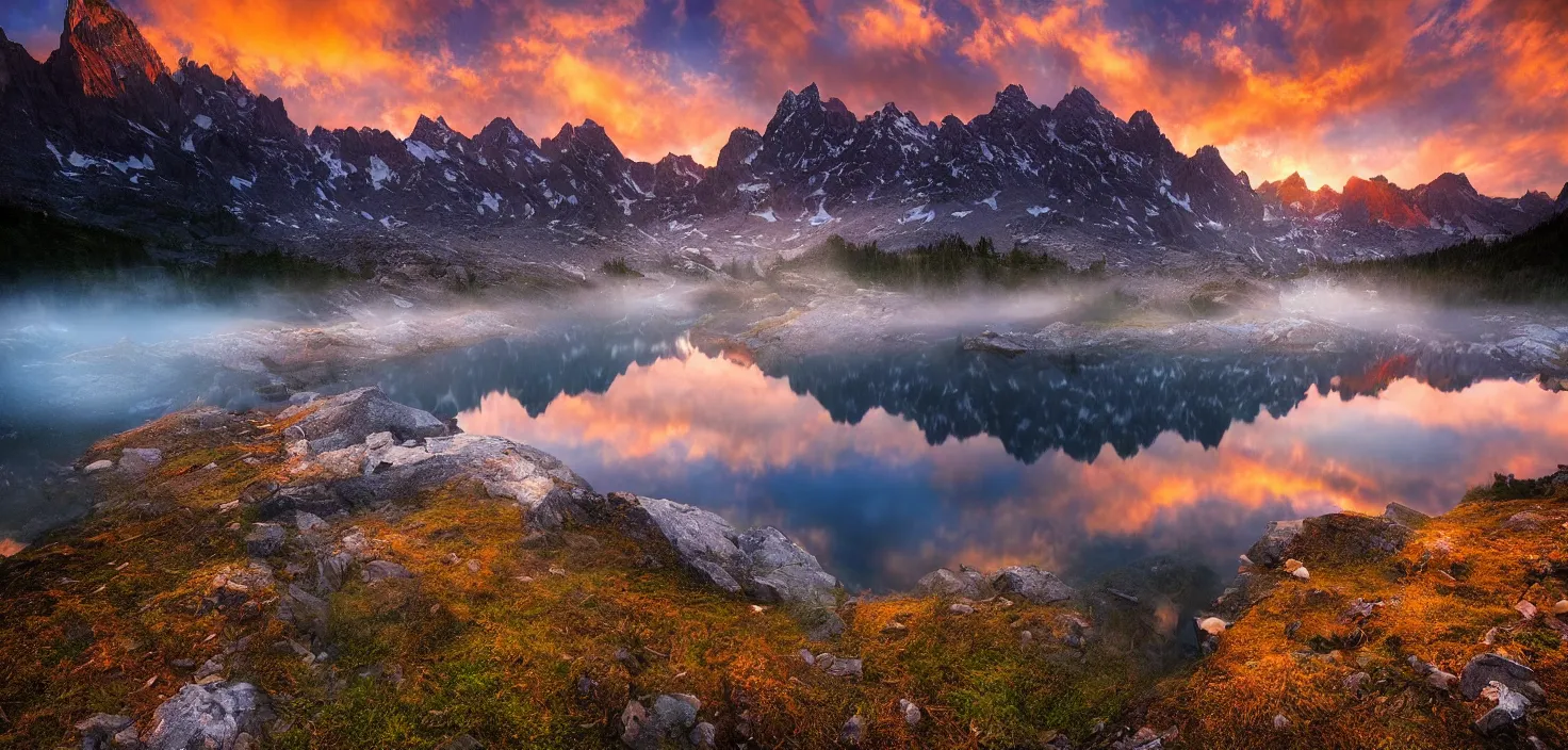 Image similar to amazing landscape photo of mountains with lake in sunset by marc adamus, beautiful dramatic lighting