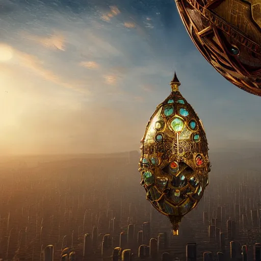 Image similar to enormous flying city in a faberge egg, sky, steampunk, fantasy art, unreal engine, unreal engine