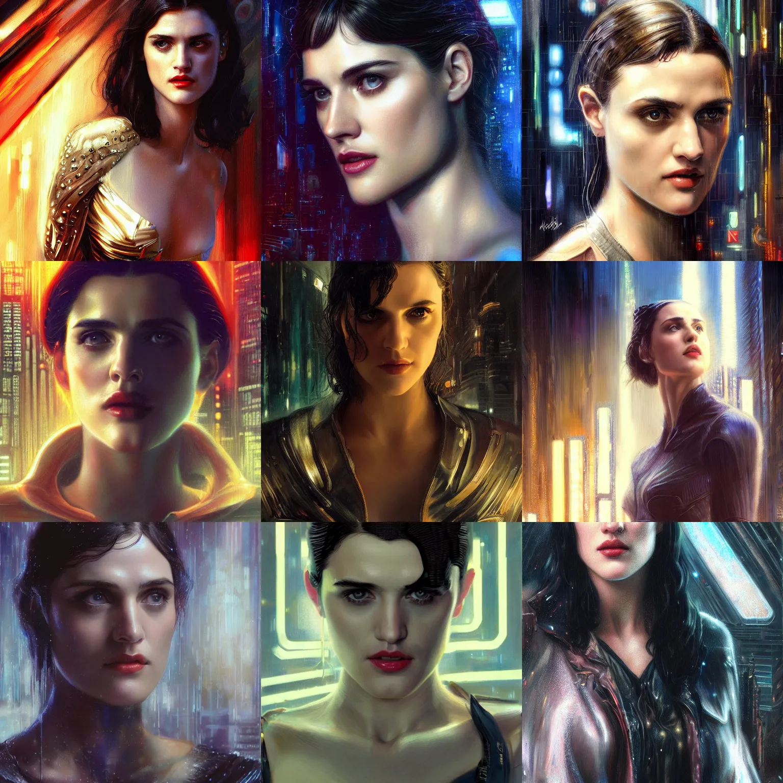 Prompt: a young Katie Mcgrath as a replicant from blade runner, detailed, centered, digital painting, artstation, concept art, donato giancola, Joseph Christian Leyendecker, WLOP, Boris Vallejo, Breathtaking, 8k resolution, extremely detailed, beautiful, establishing shot, artistic, hyperrealistic, beautiful face, cyberpunk , octane render