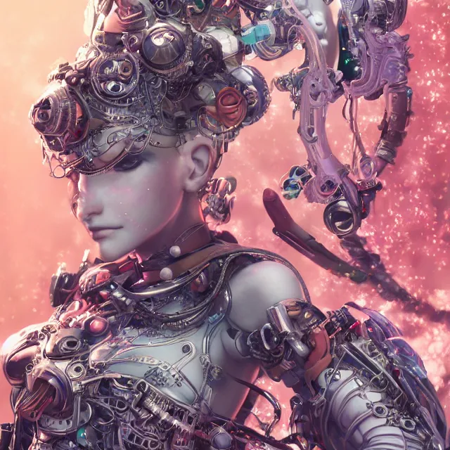 Image similar to the portrait of true neutral semi - colorful female cyborg mechanist as absurdly beautiful, gorgeous, elegant, young gravure idol, an ultrafine hyperdetailed illustration by kim jung gi, irakli nadar, intricate linework, bright colors, octopath traveler, final fantasy, unreal engine 5 highly rendered, global illumination, radiant light, detailed and intricate environment