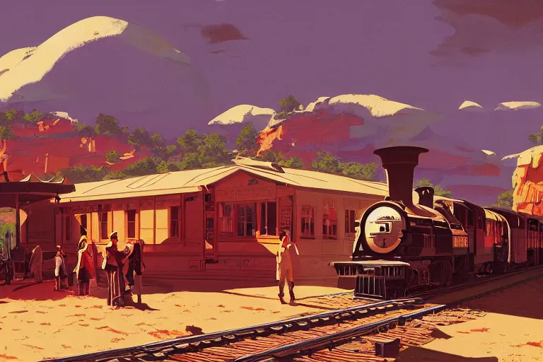 Image similar to idyllic old western train station illustration by syd mead artstation 4 k graphic novel concept art matte painting