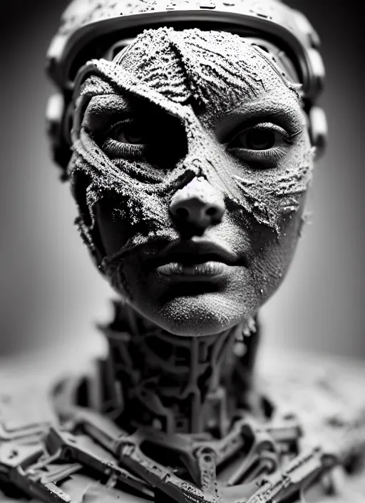 Prompt: a young female cyborg bust made of ice and fire and mud, dramatic, ilford hp 5, closeup - view, f / 2. 8, high contrast, 1 6 k, fluorescent lamp, contre - jour, insanely detailed and intricate, hypermaximalist, elegant, ornate, hyper realistic, super detailed