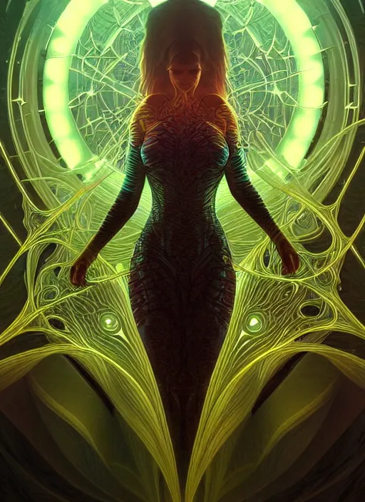 Image similar to fractals!!, water, hybrids, tech wear, scifi, glowing lights!! intricate elegant, kat dennings, highly detailed, digital painting, artstation, concept art, smooth, sharp focus, thin glowing wires, illustration, art by artgerm and greg rutkowski and alphonse mucha, singularity!!!