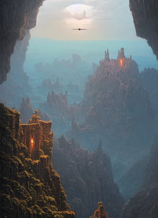 Prompt: a massive medieval castle floating in the sky above a canyon, by zdzislaw beksinski, by josip csoor, dan mumford, portrait, photorealistic, volumetric lighting, horror, detailed, intricate, recursive, raytrace, octane, cgscociety,