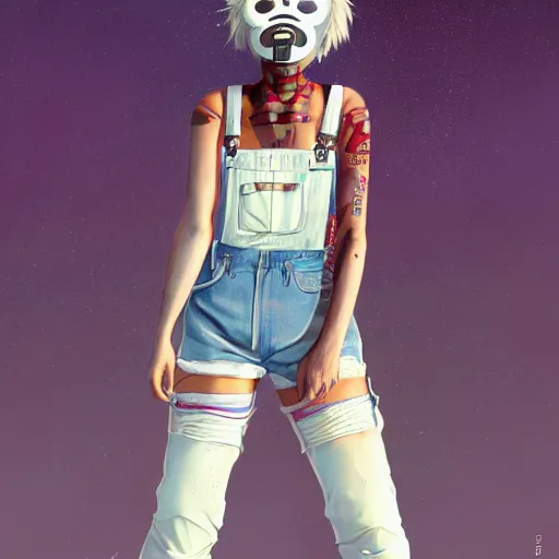 Prompt: a grungy woman with short white hair, shaved sides short top, soft eyes and narrow chin, dainty figure, torn overalls, short shorts, combat boots, rainbow mask, basic white background, side boob, symmetrical, single person, style of by jordan grimmer and greg rutkowski, crisp lines and color,