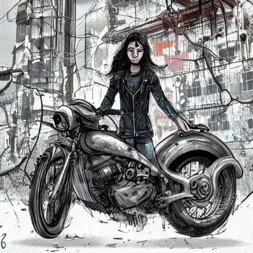 Image similar to A lonely lost girl searching for her family on a motorcycle in an abandoned city, post apocalyptic scene, digital futuristic extraterrestrial art